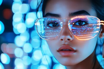 A young woman wears illuminated futuristic glasses, reflecting digital patterns and lights, symbolizing innovation and technology in a vibrant tech setting.