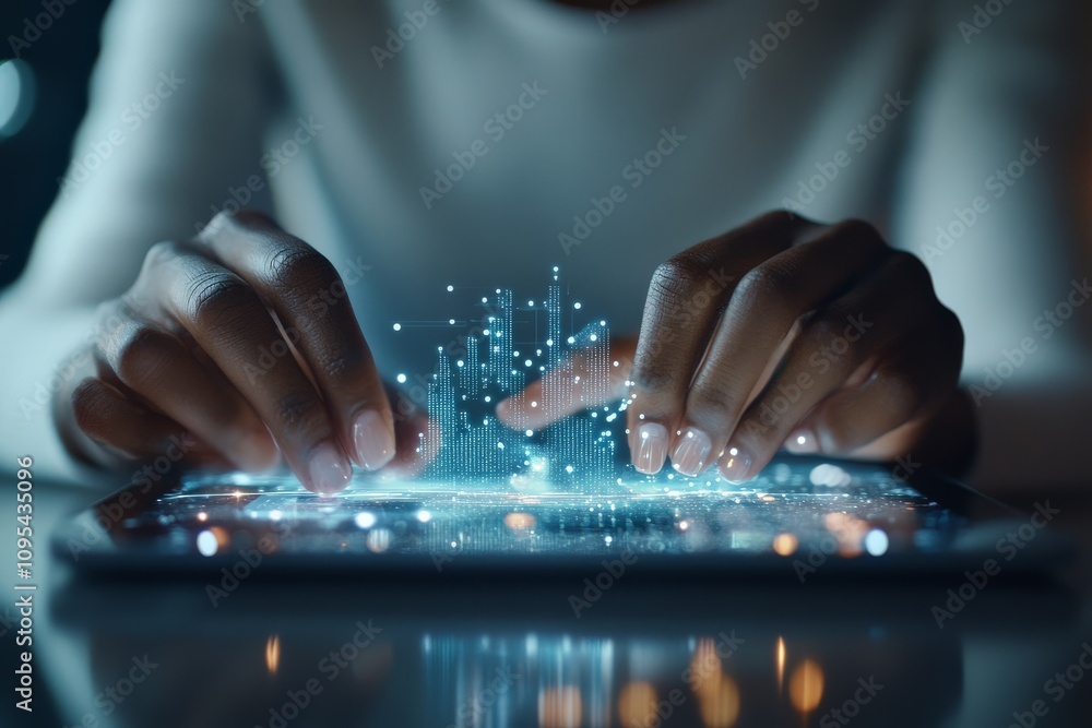 Poster hands manipulating a futuristic digital tablet interface with holographic projections, symbolizing i