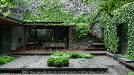 A serene courtyard featuring green vines, wooden decking, and modern architecture.