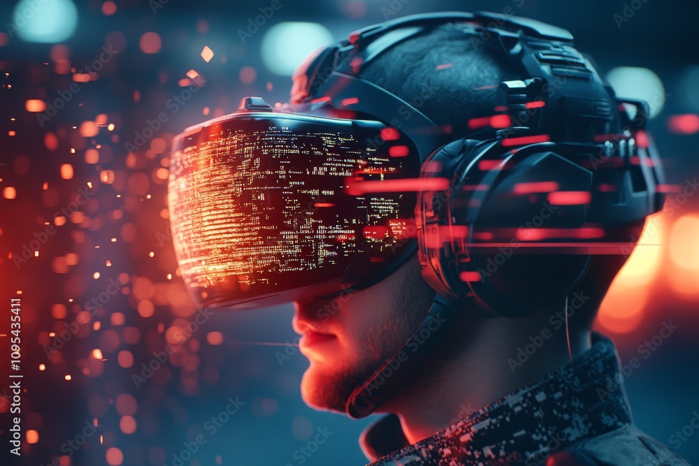 Poster a man wearing a virtual reality headset surrounded by a dazzling array of digital visuals and data, 