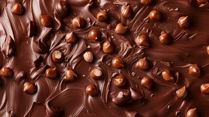 A close-up of smooth chocolate swirled with hazelnuts, emphasizing texture and indulgence.