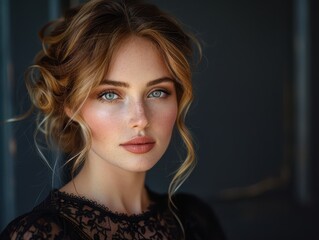 Portrait of a Beautiful Woman with Elegant Style on Dark Background