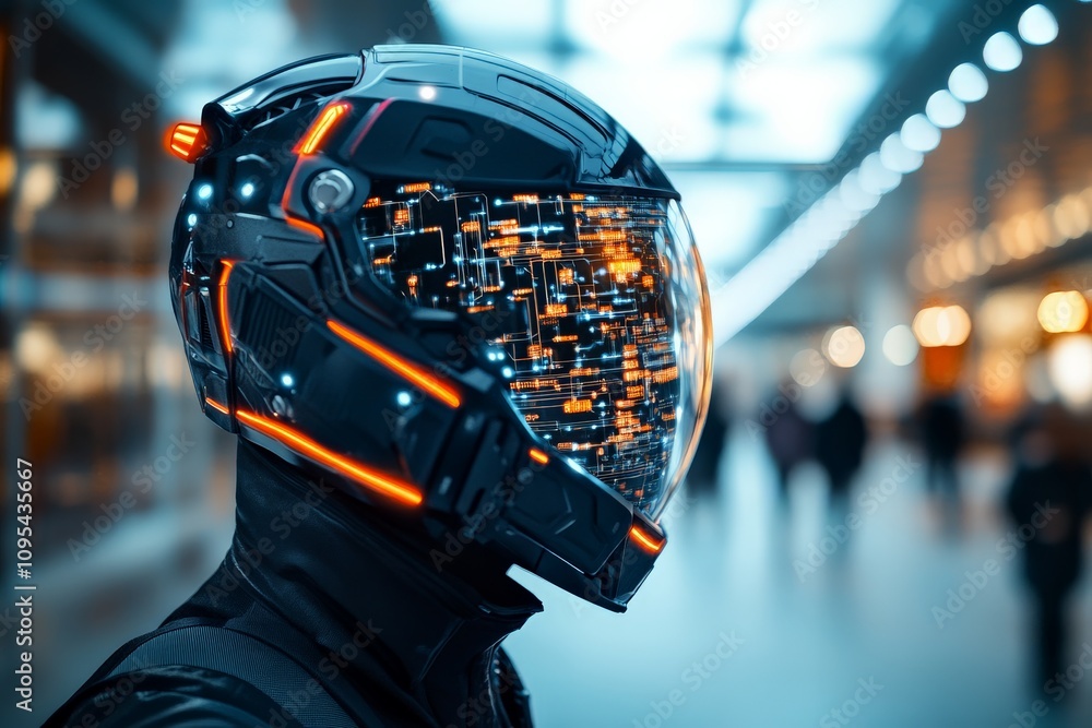 Poster a sleek, futuristic helmet with intricate digital interface technology, illustrating the synergy of 
