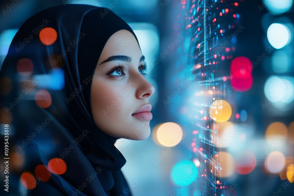 Poster a woman in a hijab observes a data visualization interface, with complex and colorful data points re