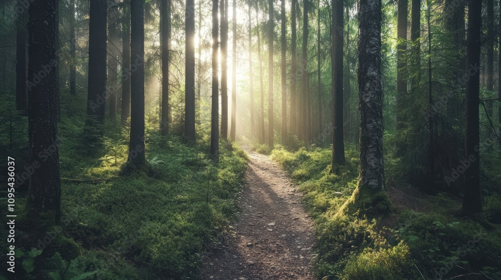 Poster sunlit path through a dense forest