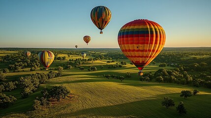 Obraz premium Colorful hot air balloons float over a grassy landscape with trees.