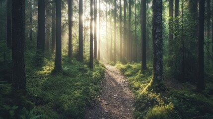 Fototapeta premium Sunlit Path Through a Dense Forest