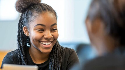 The smile of a mentor guiding a first-generation college student through the application process, showcasing educational equity and access, photography style