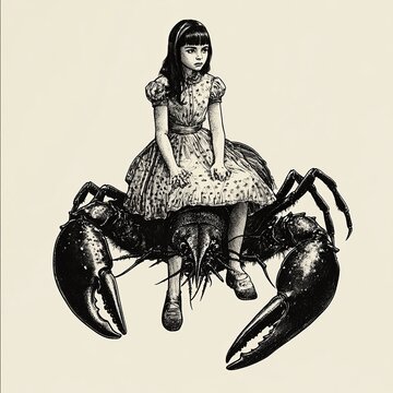recommend clip art: Make scientific illustration style crayfish, pilot is sitting on crayfish like he is his plane, pilot focused 