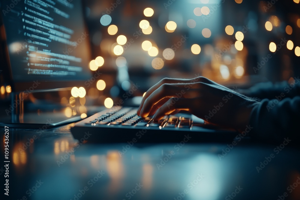 Poster a side view of someone typing code on a computer keyboard, surrounded by a vibrant, glowing light, s
