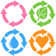 Vector illustration of eco symbols including circular arrows, refresh, leaf, drop, heart, water, simple minimal modern design for sustainability projects, green living branding packaging renewable