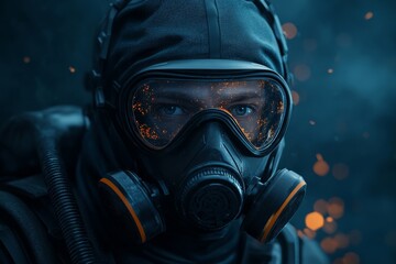 An individual wearing full tactical gear, framed by sparks and smoke, exuding themes of protection, danger, and a dramatic flair in a tense environment.