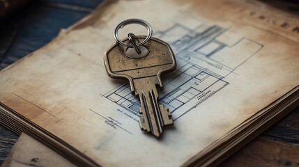 Antique key on vintage blueprint.