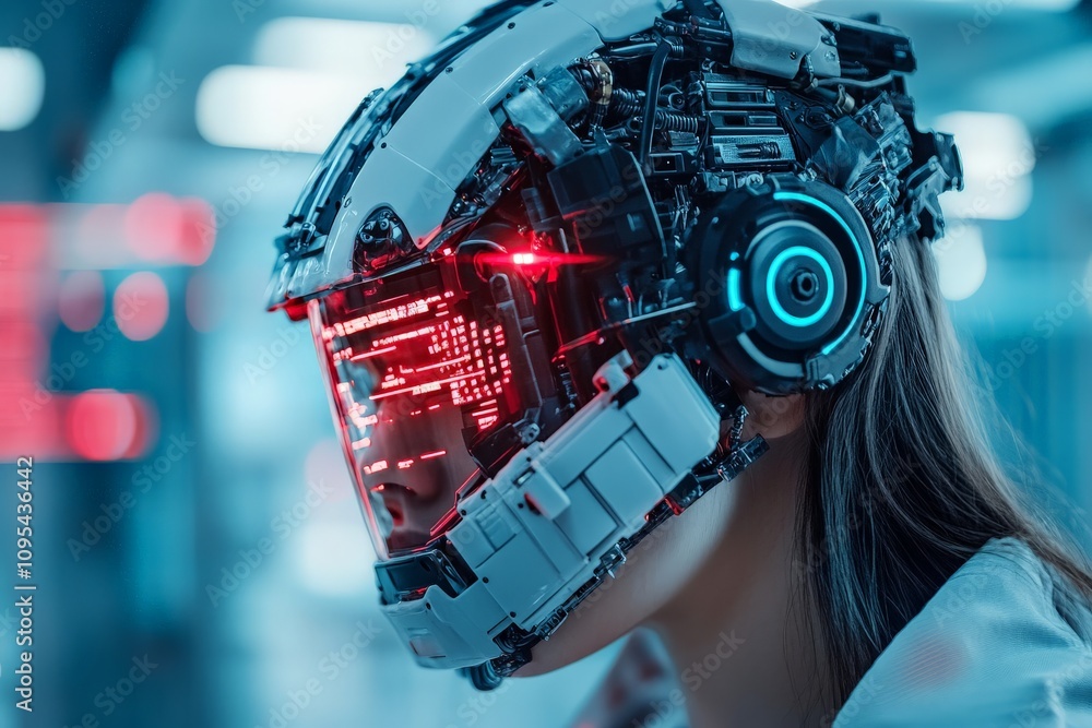 Poster a person wears an elaborate virtual reality helmet in a technologically advanced environment, emphas