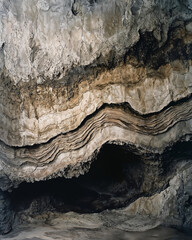 Layered limestone cave wall showcasing rich natural textures and earthy tones, a mesmerizing snapshot of geological beauty