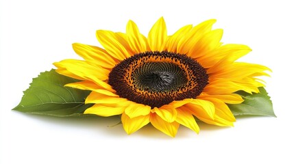 Fototapeta premium A bright orange sunflower with green leaves lies on a white background.