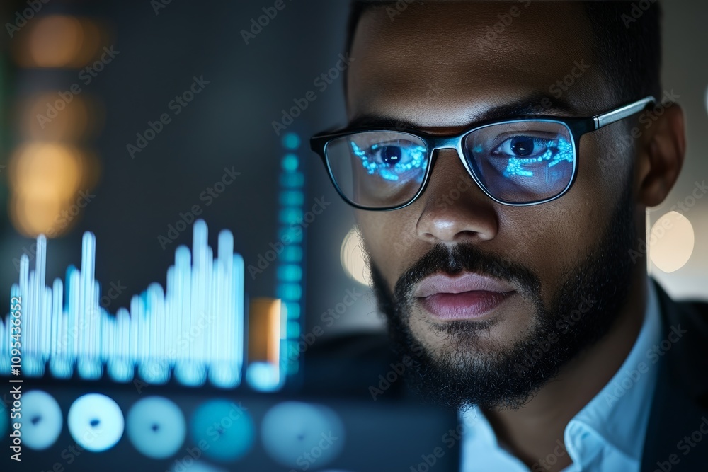 Poster focused man wearing glasses analyzing futuristic data visualizations on a digital screen in a modern