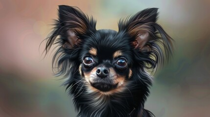 Close up of a black long haired chihuahua highlighting its expressive eyes and glossy fur details