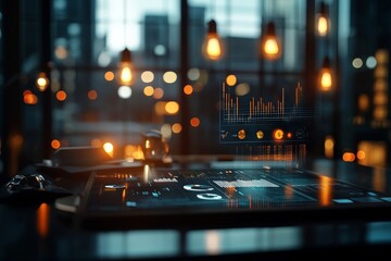 Digital screen technology is seamlessly integrated into modern office environments showcasing interactive data analytics under warm, aesthetic lighting for productivity.