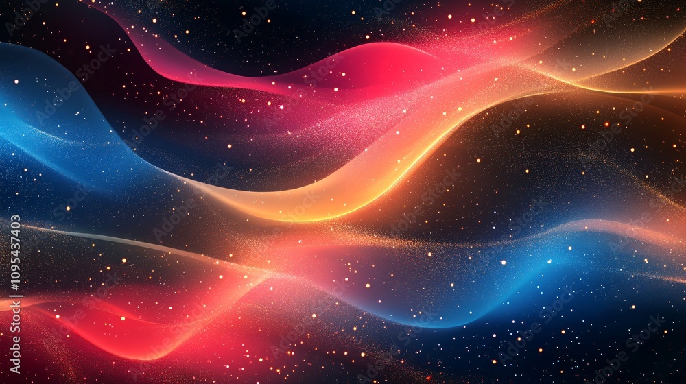 Poster colorful waves flowing through space with sparkling stars