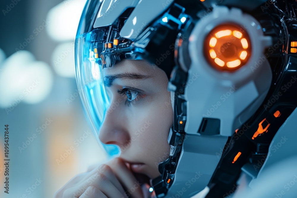 Poster a futuristic image showing a side view of a person wearing a high-tech helmet, depicting concentrati
