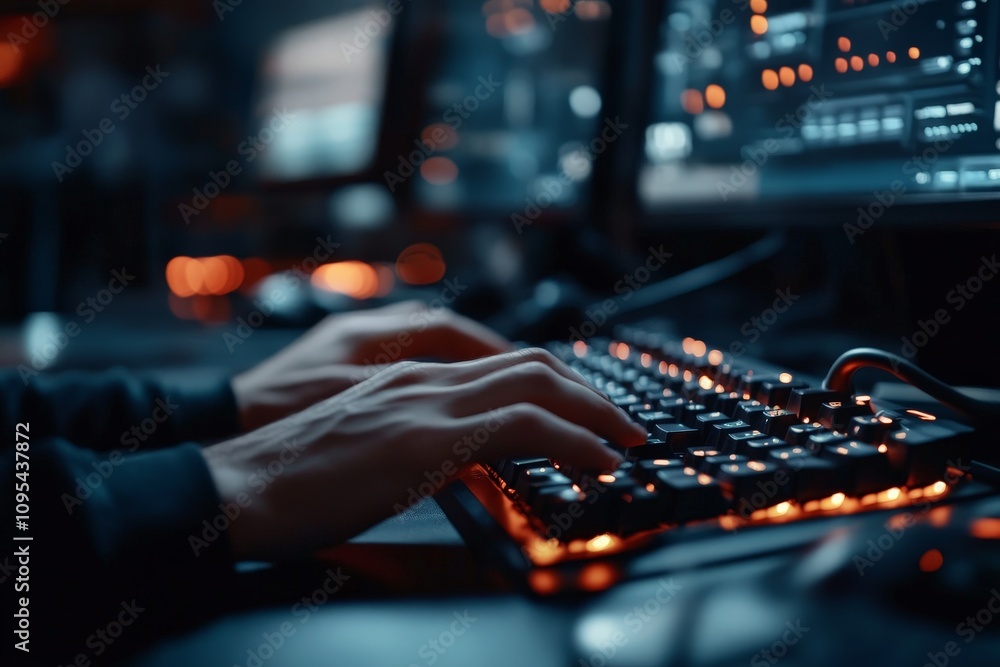 Poster this image captures hands actively typing on a mechanical keyboard surrounded by advanced computer s
