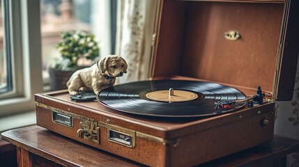 Vintage record player with a small dog figurine on the turntable.