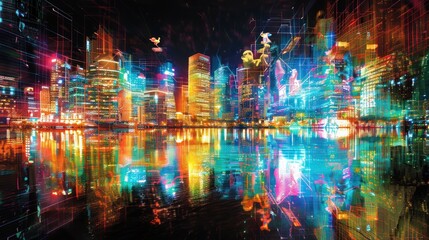 Fototapeta premium A vibrant city skyline illuminated by colorful lights reflecting on water at night.