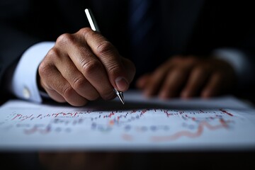 A hand writes on paper with various data charts and graphs visible, symbolizing the intersection of traditional techniques and modern business analytics.