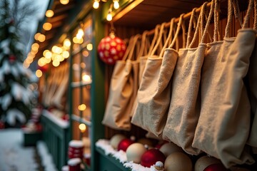 Cozy festive marketplace with jute Christmas bags and holiday decorations