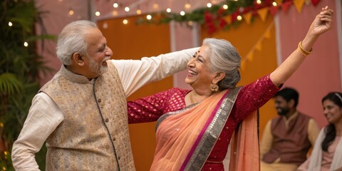 Cheerful elderly indian couple enjoying a traditional dance together, celebrating with family and friends in a vibrant, festive atmosphere filled with joy and cultural richness