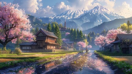 Fototapeta premium Serene landscape featuring traditional houses, cherry blossoms, and majestic mountains.