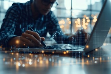 A person is intensely working on a laptop with a digital data overlay effect, symbolizing a deep engagement with technology, creativity, and innovation.