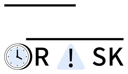 Clock, text RISK split by a triangle with exclamation mark, and parallel lines. Ideal for time management, decision-making, business strategies, risk assessment, project planning, prioritization