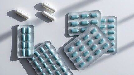 Scattered teal and white capsules on light background, highlighting blister packs with multiple tablets arranged neatly, creating a clean and clinical mood.