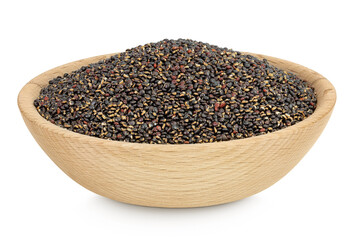 black quinoa in wooden bowl isolated on white background