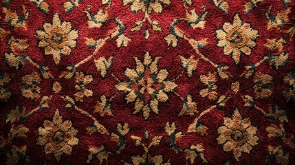 An ornate traditional carpet featuring a red and gold floral pattern, intricately designed to create a sense of elegance and cultural richness in the decor.