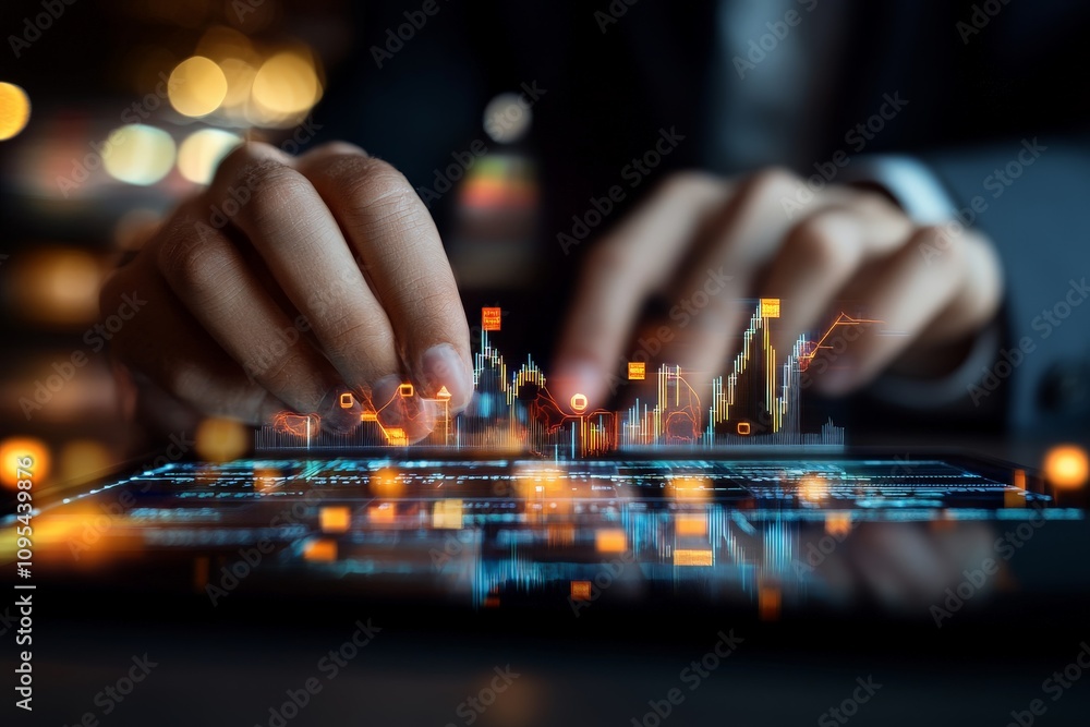 Poster a close-up of hands manipulating a digital financial dashboard with fluctuating graphs and charts, s
