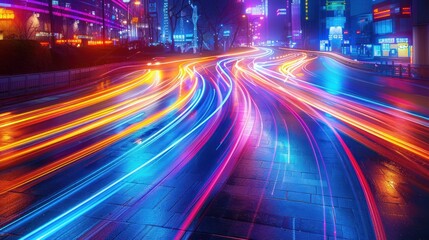 Fototapeta premium A vibrant city scene showcasing light trails from moving vehicles at night.