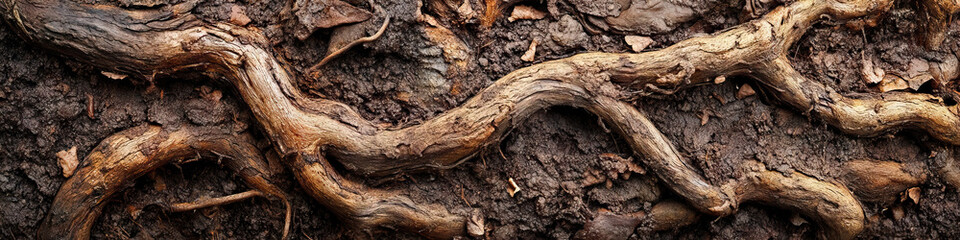 Close-up shot of intricate root systems, twisting and turning through the soil, creating a natural abstract pattern.