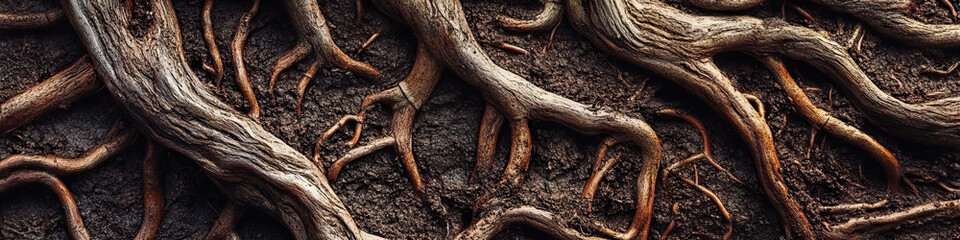 Fototapeta premium Close-up shot of intricate root systems, twisting and turning through the soil, creating a natural abstract pattern.