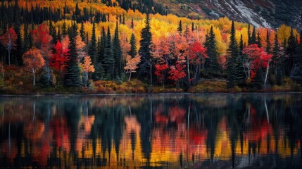Obraz premium A serene landscape showcasing vibrant autumn foliage reflected in a calm lake.