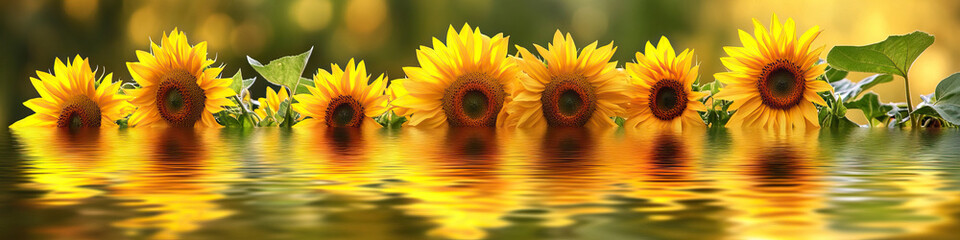 Heartland Harmony: Vivid yellow sunflowers sway gently in a breeze, their petals reflecting on a calm lake.