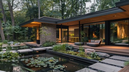 Obraz premium Modern home with a serene garden and pond, blending architecture with nature.