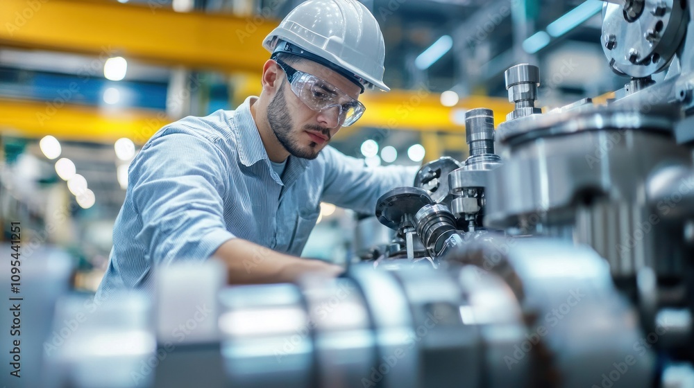 Poster industrial worker inspecting complex machinery in a factory setting
