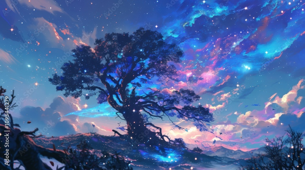 Poster a tree with branches resembling colorful nebulas gently swaying to the rhythm of the eternal cosmic 