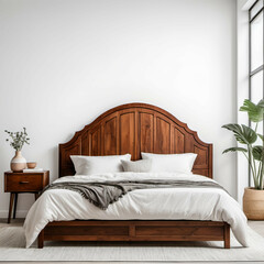 A bed with a tall, arched wooden headboard, placed on a white background to emphasize its warm tones.