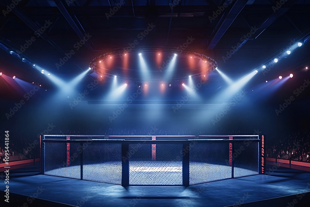 Poster professional octagon fighting arena is illuminated by spotlights while waiting for the match to begi