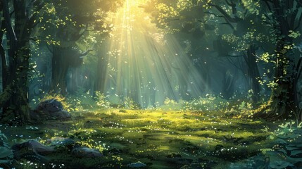 Sunbeams illuminate a mystical forest clearing, wildflowers dotting the verdant ground.