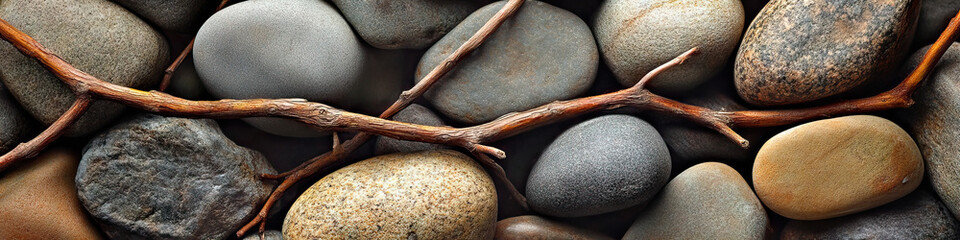 Obraz premium An artistic arrangement of natural stones and twigs, forming an organic, asymmetrical pattern.